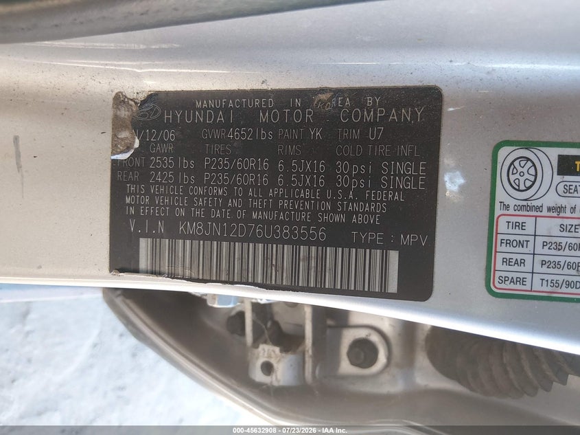 2006 Hyundai Tucson VIN KM8JN12D76U383556 IAAI salvage auction — NORMAL WEAR, Clear-Dealer Only (Arizona), sold $25 on 2026-07-29 (photo 9)