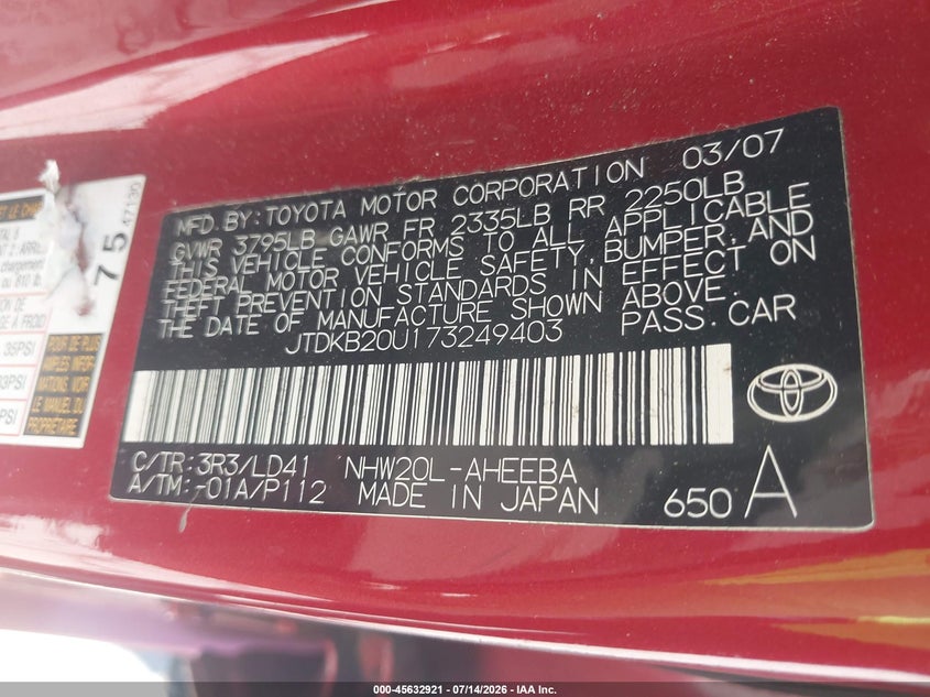 2007 Toyota Prius VIN JTDKB20U173249403 IAAI salvage auction — NORMAL WEAR, Clear - Dealer Only (California), sold $1,150 on 2026-07-20 (photo 9)