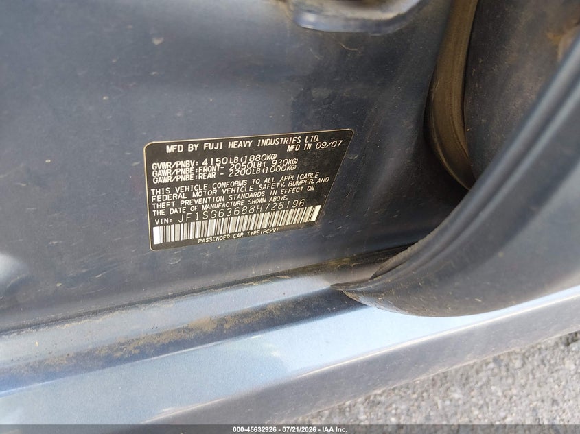 2008 Subaru Forester VIN JF1SG63688H726196 IAAI salvage auction — NORMAL WEAR, Clear (Colorado), sold $25 on 2026-07-28 (photo 9)