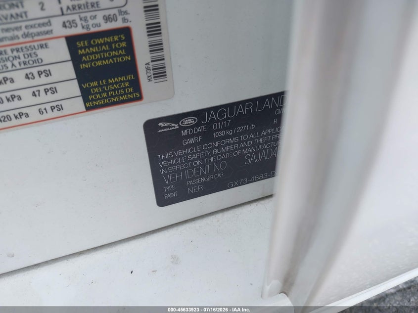 2017 Jaguar Xe VIN SAJAD4BN5HCP10984 IAAI salvage auction — WATER/FLOOD, Salvage Title, sold $2,500 on 2026-09-16 (photo 9)