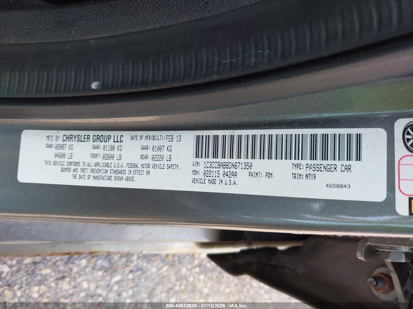 2013 Chrysler 200 VIN 1C3CCBAB8DN671350 IAAI salvage auction — NORMAL WEAR, Clear-Endorsement (Wisconsin), sold $650 on 2026-08-22 (photo 9)