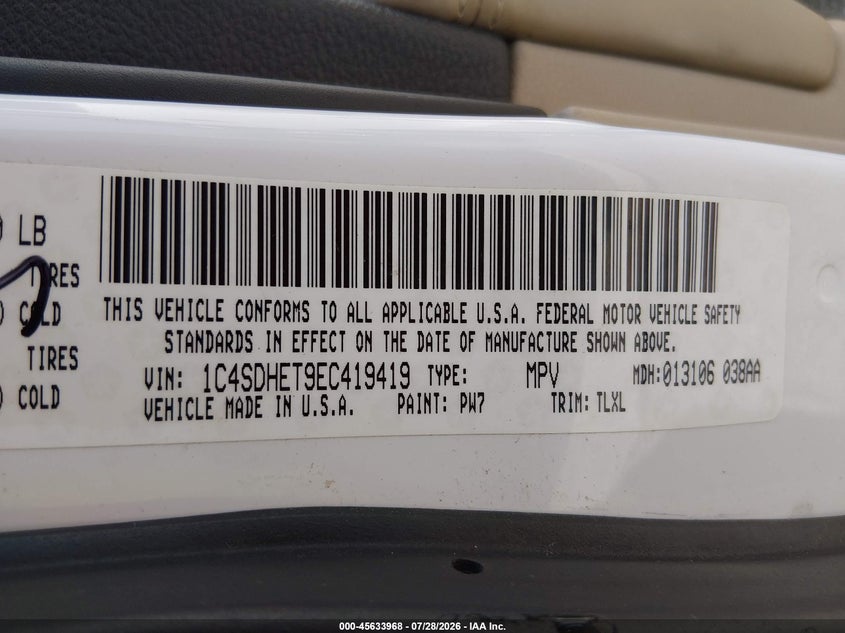 2014 Dodge Durango VIN 1C4SDHET9EC419419 IAAI salvage auction — NORMAL WEAR, Clear (Alabama), sold $3,350 on 2026-08-12 (photo 9)