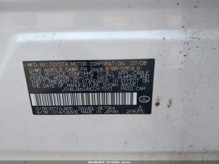 2008 Lexus Es 350 VIN JTHBJ46G482267593 IAAI salvage auction — NORMAL WEAR, Clear (Massachusetts), sold $850 on 2026-07-16 (photo 9)