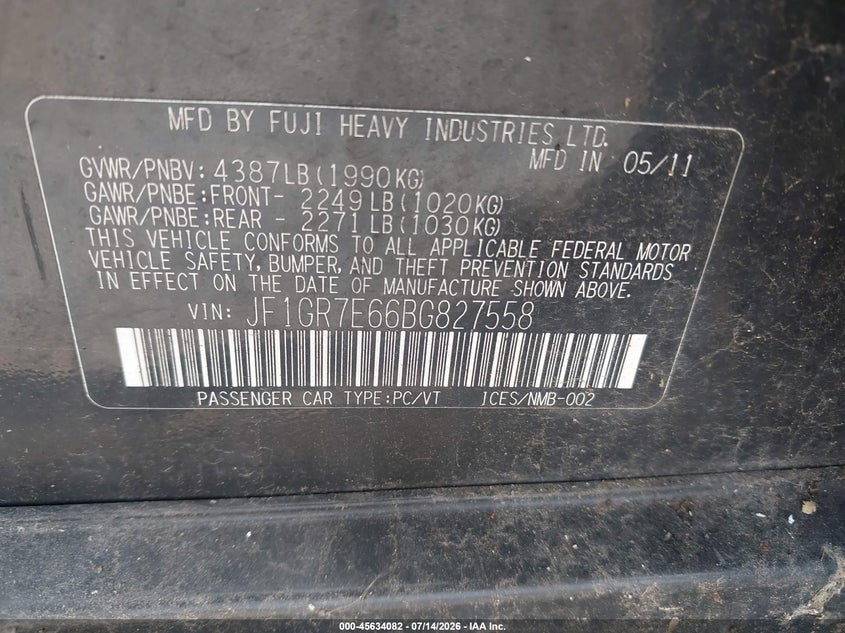 2011 Subaru Impreza VIN JF1GR7E66BG827558 IAAI salvage auction — NORMAL WEAR, Clear (New York), sold $375 on 2026-07-28 (photo 9)
