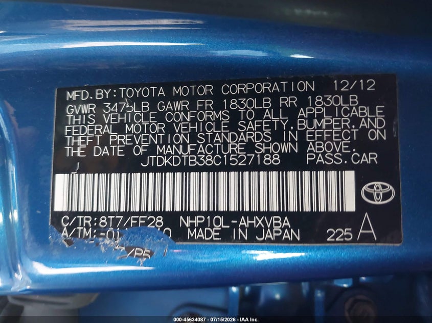 2012 Toyota Prius c VIN JTDKDTB38C1527188 IAAI salvage auction — NORMAL WEAR, Clear (Pennsylvania), sold $425 on 2026-07-31 (photo 9)
