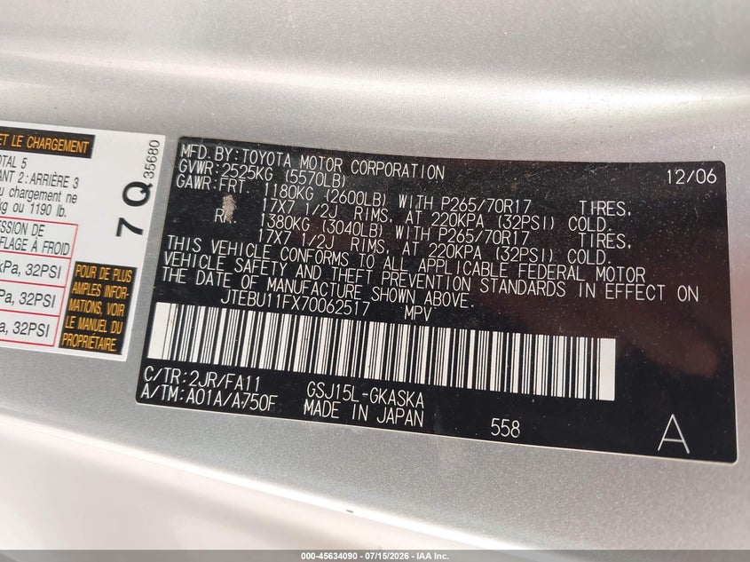 2007 Toyota Fj cruiser VIN JTEBU11FX70062517 IAAI salvage auction — NORMAL WEAR, Clear (New York), sold $3,375 on 2026-07-29 (photo 9)