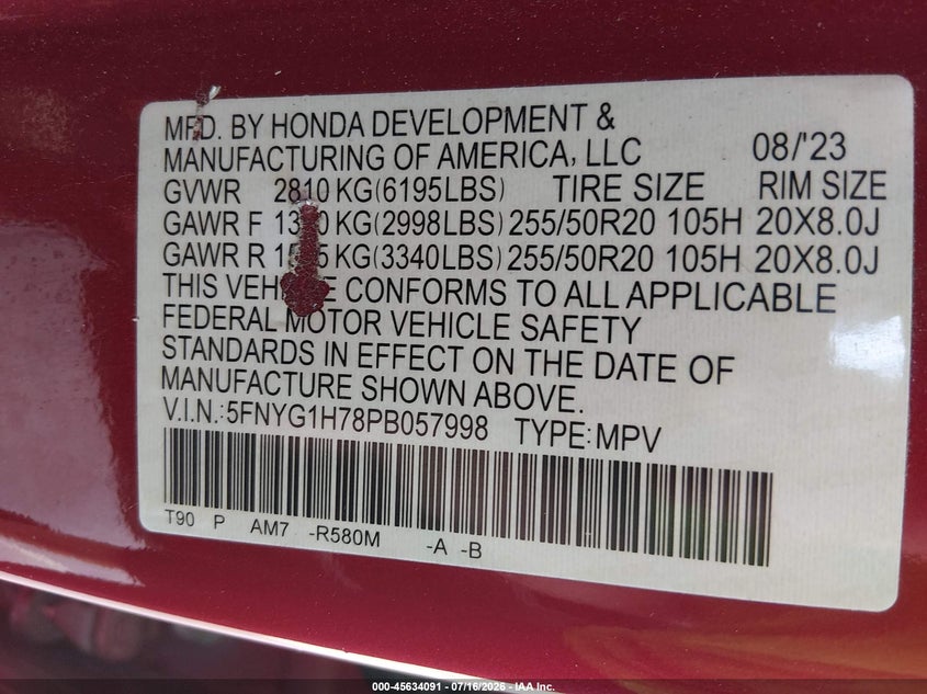 2023 Honda Pilot VIN 5FNYG1H78PB057998 IAAI salvage auction — FRONT END, Salvage Title, sold $12,700 on 2026-07-31 (photo 9)