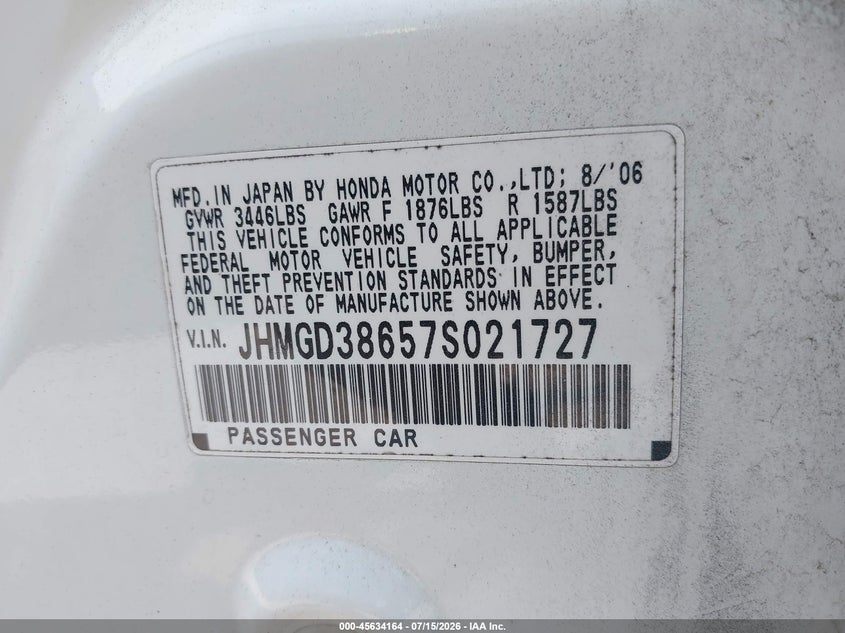 2007 Honda Fit VIN JHMGD38657S021727 IAAI salvage auction — NORMAL WEAR, Clear (Pennsylvania), sold $225 on 2026-07-22 (photo 9)