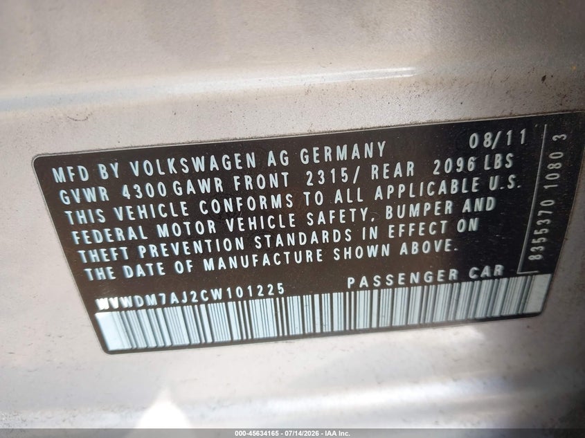 2012 Volkswagen Golf VIN WVWDM7AJ2CW101225 IAAI salvage auction — NORMAL WEAR, Clear (New Jersey), sold $100 on 2026-07-21 (photo 9)