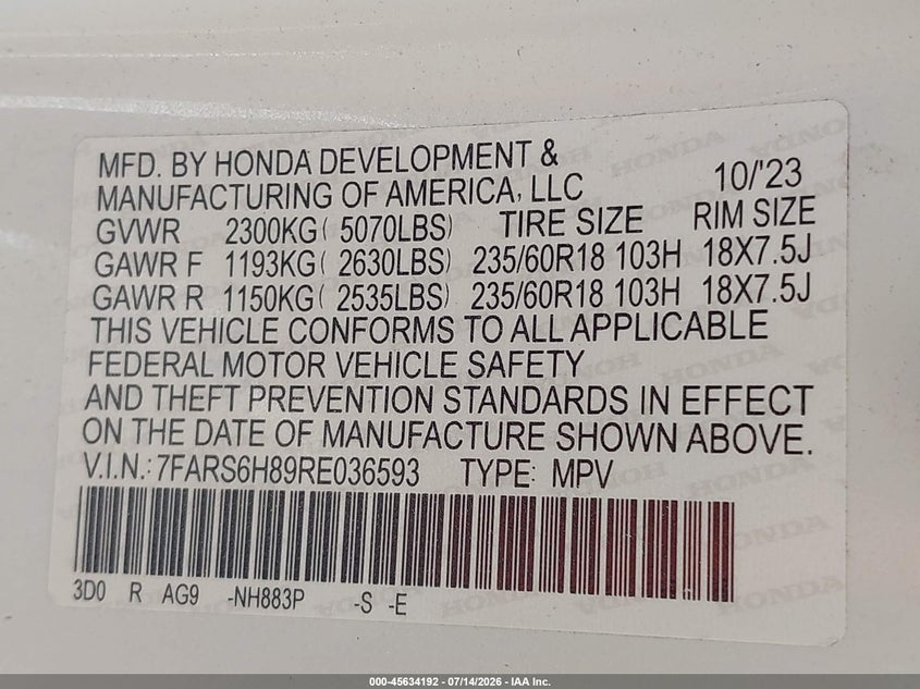 2024 Honda Cr-v VIN 7FARS6H89RE036593 IAAI salvage auction — NORMAL WEAR, Salvage Title, sold $11,900 on 2026-07-23 (photo 9)