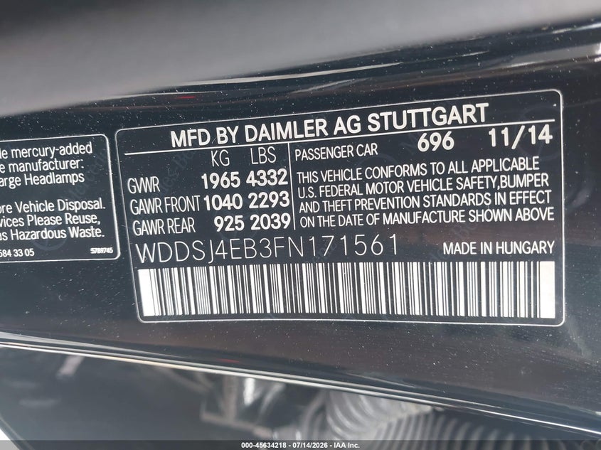 2015 Mercedes-benz Cla-klasse VIN WDDSJ4EB3FN171561 IAAI salvage auction — RIGHT SIDE, Salvage Title, sold $2,450 on 2026-08-12 (photo 9)