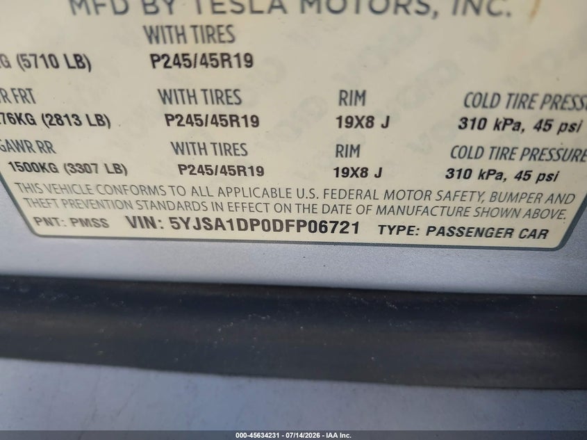 2013 Tesla Model s VIN 5YJSA1DP0DFP06721 IAAI salvage auction — UNKNOWN, Clear (Florida), sold $3,000 on 2026-07-22 (photo 9)