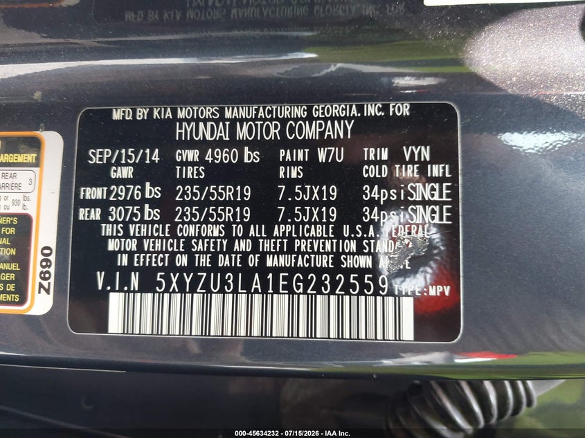 2014 Hyundai Santa fe VIN 5XYZU3LA1EG232559 IAAI salvage auction — NORMAL WEAR, Clear (Virginia), sold $625 on 2026-07-21 (photo 9)