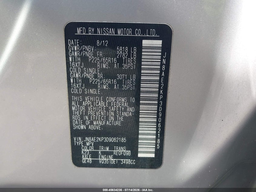 2013 Nissan Quest VIN JN8AE2KP3D9062185 IAAI salvage auction — NORMAL WEAR, Clear (Maryland), sold $300 on 2026-07-30 (photo 9)