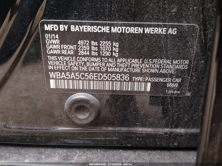 2014 BMW 5er VIN WBA5A5C56ED505836 IAAI salvage auction — FRONT END, Salvage Title, sold $625 on 2026-08-18 (photo 9)