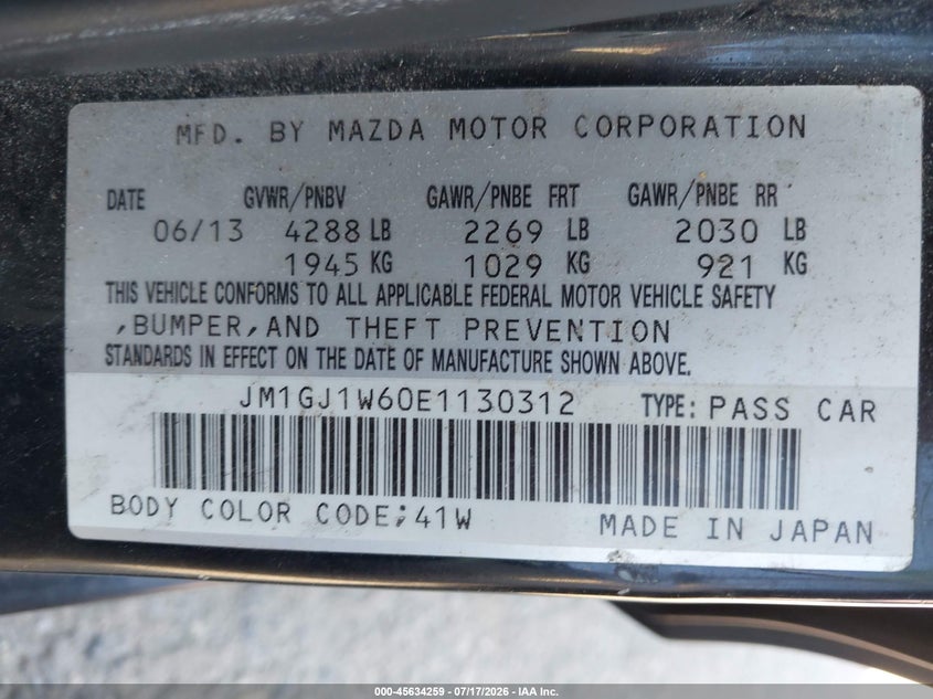 2014 Mazda 6 VIN JM1GJ1W60E1130312 IAAI salvage auction — NORMAL WEAR, Salvage Title, sold $1,225 on 2026-08-01 (photo 9)