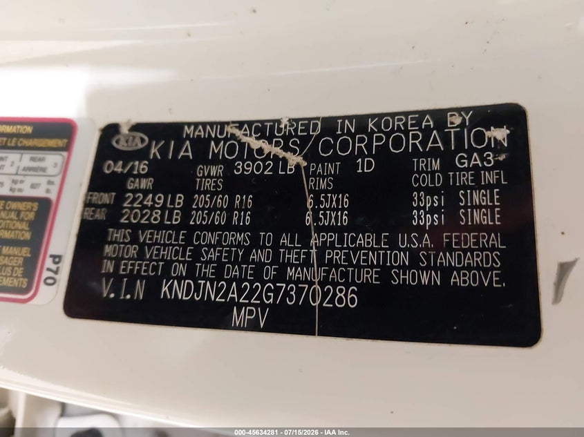 2016 Kia Soul VIN KNDJN2A22G7370286 IAAI salvage auction — LEFT REAR, Salvage Title, sold $1,050 on 2026-07-22 (photo 9)