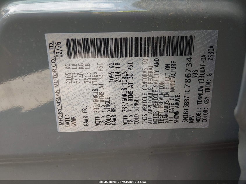 2026 Nissan Rogue VIN 5N1BT3BB7TC786734 IAAI salvage auction — FRONT END, Salvage Title, sold $7,200 on 2026-08-01 (photo 9)
