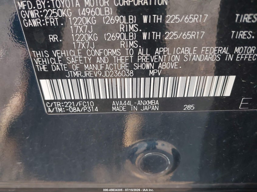 2018 Toyota Rav 4 VIN JTMRJREV9JD236038 IAAI salvage auction — FRONT & REAR, Clear (Michigan), sold $3,700 on 2026-08-02 (photo 9)