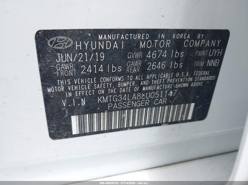 2020 Genesis G70 VIN KMTG34LA8LU051147 IAAI salvage auction — FRONT END, Certificate Of Destruction (Florida), sold $3,850 on 2026-07-30 (photo 9)