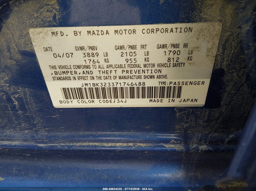2007 Mazda 3 VIN JM1BK323371746488 IAAI salvage auction — NORMAL WEAR, Clear (Pennsylvania), sold $250 on 2026-07-23 (photo 9)