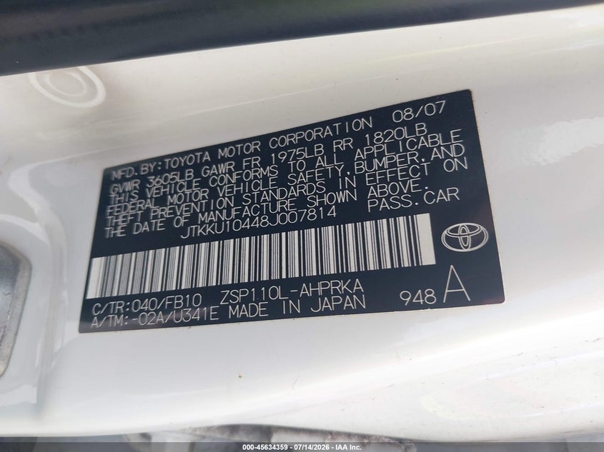 2008 Scion Xd VIN JTKKU10448J007814 IAAI salvage auction — NORMAL WEAR, Clear (North Carolina), sold $475 on 2026-07-23 (photo 9)