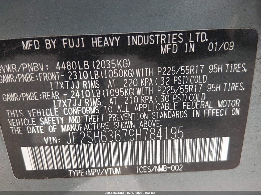 2009 Subaru Forester VIN JF2SH63679H784195 IAAI salvage auction — NORMAL WEAR, Clear (New York), sold $50 on 2026-07-23 (photo 9)