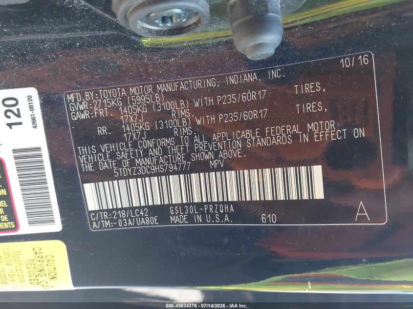 2017 Toyota Sienna VIN 5TDYZ3DC9HS794777 IAAI salvage auction — NORMAL WEAR, Salvage Title, sold $5,175 on 2026-07-29 (photo 9)