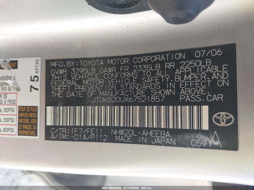 2006 Toyota Prius VIN JTDKB20UX67521857 IAAI salvage auction — NORMAL WEAR, Clear (Indiana), sold $225 on 2026-07-22 (photo 9)