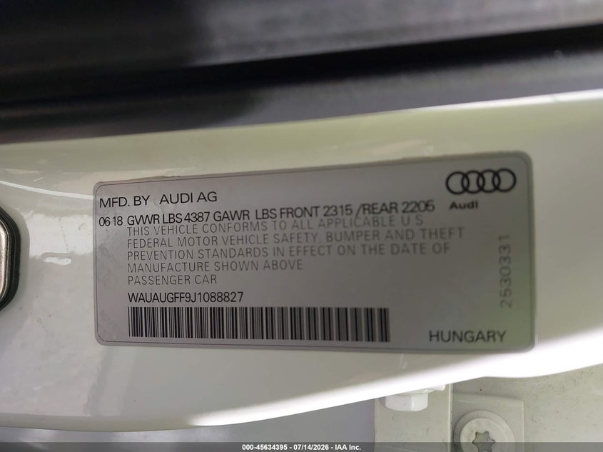 2018 Audi A3 VIN WAUAUGFF9J1088827 IAAI salvage auction — UNKNOWN, Salvage Title, sold $3,850 on 2026-07-27 (photo 9)