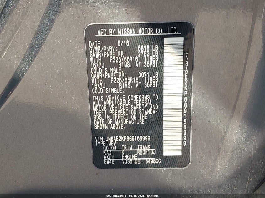 2016 Nissan Quest VIN JN8AE2KP6G9156999 IAAI salvage auction — NORMAL WEAR, Clear (Illinois), sold $25 on 2026-07-29 (photo 9)