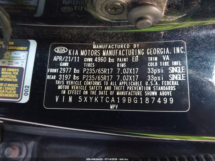 2011 Kia Sorento VIN 5XYKTCA19BG187499 IAAI salvage auction — SIDE, Mv-907A (New York), sold $775 on 2026-08-01 (photo 9)