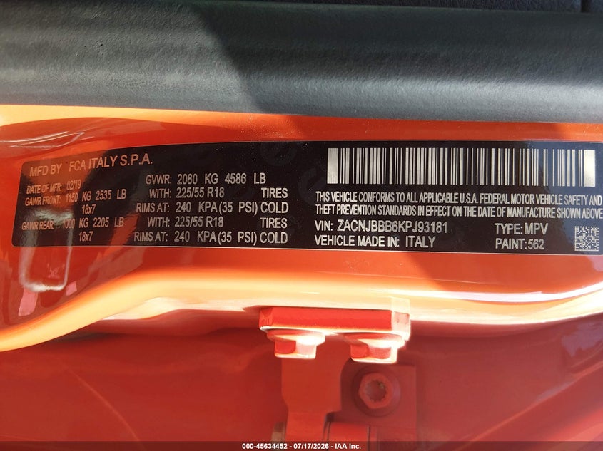2019 Jeep Renegade VIN ZACNJBBB6KPJ93181 IAAI salvage auction — FRONT END, Wait Title, sold $650 on 2026-08-11 (photo 9)