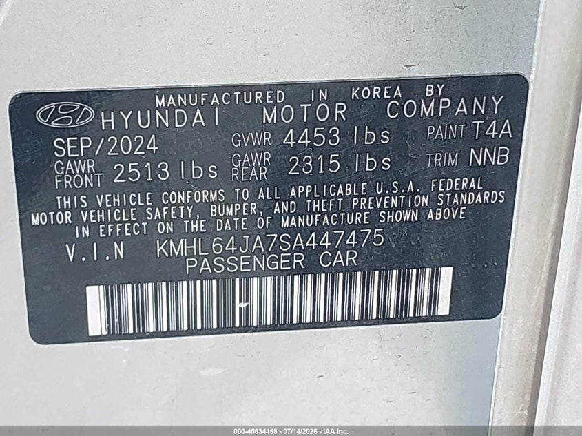 2025 Hyundai Sonata VIN KMHL64JA7SA447475 IAAI salvage auction — SIDE, Salvage Title, sold $10,100 on 2026-07-16 (photo 9)