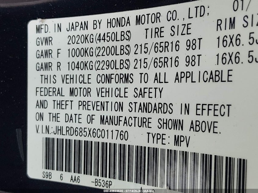 2006 Honda Cr-v VIN JHLRD685X6C011760 IAAI salvage auction — NORMAL WEAR, Original (Texas), sold $725 on 2026-07-21 (photo 9)