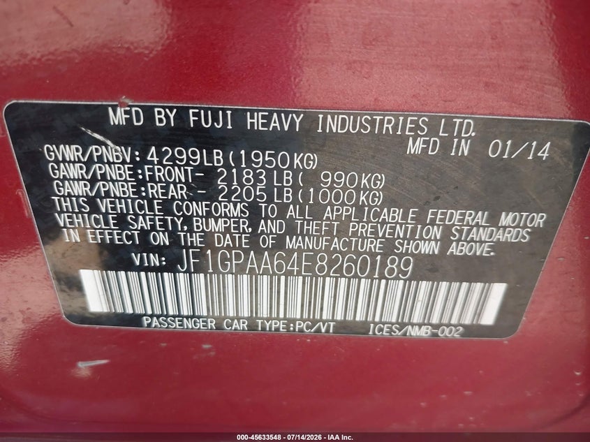 2014 Subaru Impreza VIN JF1GPAA64E8260189 IAAI salvage auction — NORMAL WEAR, Rebuilt (Washington), sold $425 on 2026-07-28 (photo 9)