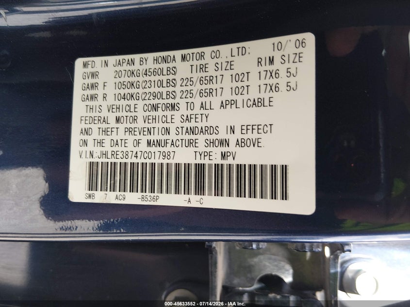 2007 Honda Cr-v VIN JHLRE38747C017987 IAAI salvage auction — NORMAL WEAR, Original (Texas), sold $1,425 on 2026-07-29 (photo 9)