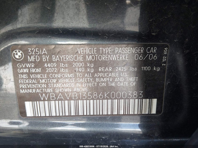 2006 BMW 3 series VIN WBAVB13586K000383 IAAI salvage auction — RIGHT FRONT, Salvage (Nevada), sold $300 on 2026-07-31 (photo 9)