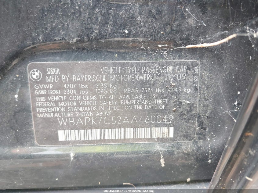 2010 BMW 3 series VIN WBAPK7C52AA460049 IAAI salvage auction — NORMAL WEAR, Clear (Maryland), sold $500 on 2026-07-28 (photo 9)
