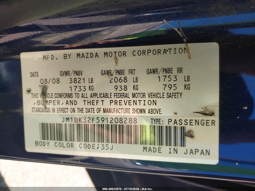 2009 Mazda 3 VIN JM1BK32F591208288 IAAI salvage auction — NORMAL WEAR, Clear (Hawaii), sold $150 on 2026-09-23 (photo 9)