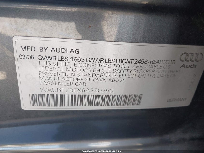 2006 Audi A4 VIN WAUBF78EX6A250250 IAAI salvage auction — NORMAL WEAR, Peddle Clear Public-Restricted (Oregon), sold $225 on 2026-07-29 (photo 9)