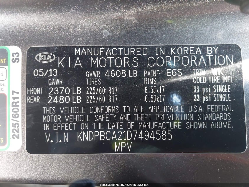 2013 Kia Sportage VIN KNDPBCA21D7494585 IAAI salvage auction — FRONT END, Salvage Title, sold $1,850 on 2026-07-29 (photo 9)