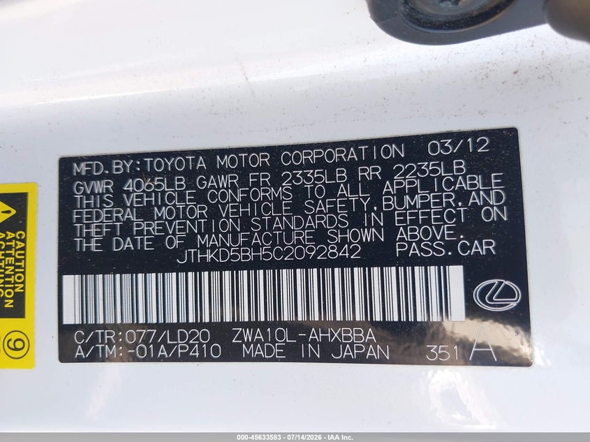 2012 Lexus Ct VIN JTHKD5BH5C2092842 IAAI salvage auction — FRONT END, Salvage Title, sold $3,250 on 2026-07-29 (photo 9)