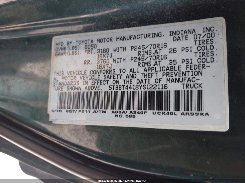 2000 Toyota Tundra VIN 5TBBT4418YS122116 IAAI salvage auction — NORMAL WEAR, Clear (Indiana), sold $300 on 2026-07-29 (photo 9)