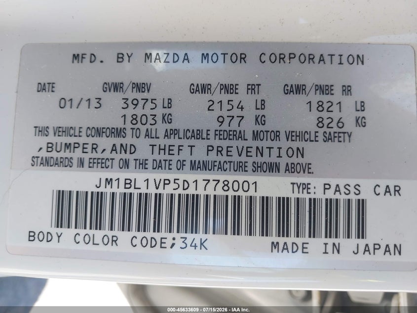 2013 Mazda 3 VIN JM1BL1VP5D1778001 IAAI salvage auction — NORMAL WEAR, Clear (California), sold $325 on 2026-07-29 (photo 9)