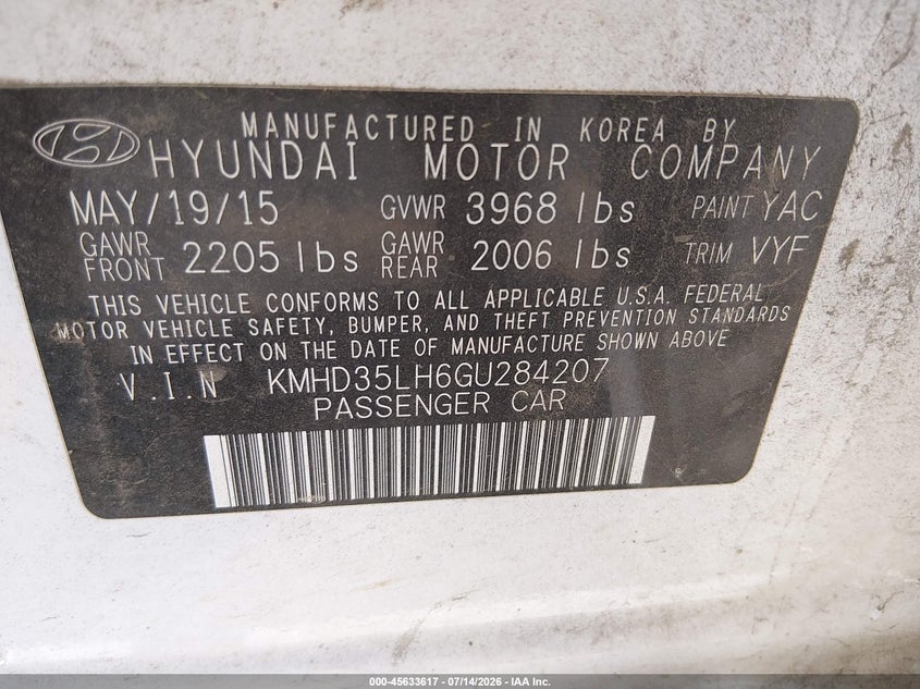 2016 Hyundai Elantra VIN KMHD35LH6GU284207 IAAI salvage auction — NORMAL WEAR, Clear-Dealer Only (Oregon), sold $600 on 2026-07-30 (photo 9)