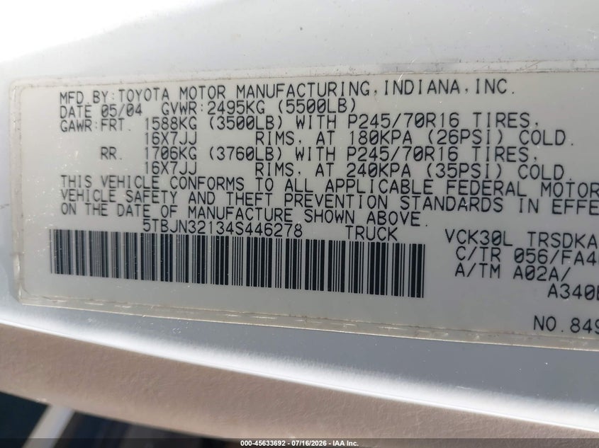 2004 Toyota Tundra VIN 5TBJN32134S446278 IAAI salvage auction — NORMAL WEAR, Clear - Dealer Only (California), sold $2,850 on 2026-07-22 (photo 9)