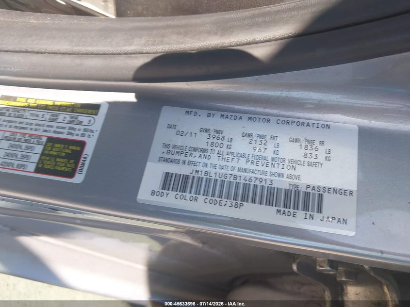 2011 Mazda 3 VIN JM1BL1UG7B1467913 IAAI salvage auction — NORMAL WEAR, Clear - Dealer Only (California), sold $375 on 2026-07-29 (photo 9)