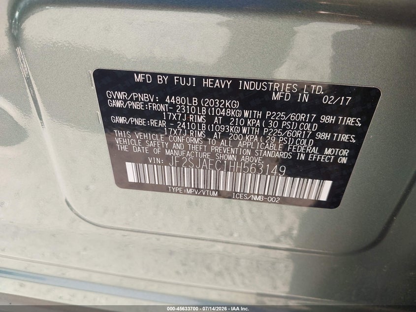 2017 Subaru Forester VIN JF2SJAEC1HH563149 IAAI salvage auction — NORMAL WEAR, Clear - Dealer Only (California), sold $4,850 on 2026-07-23 (photo 9)