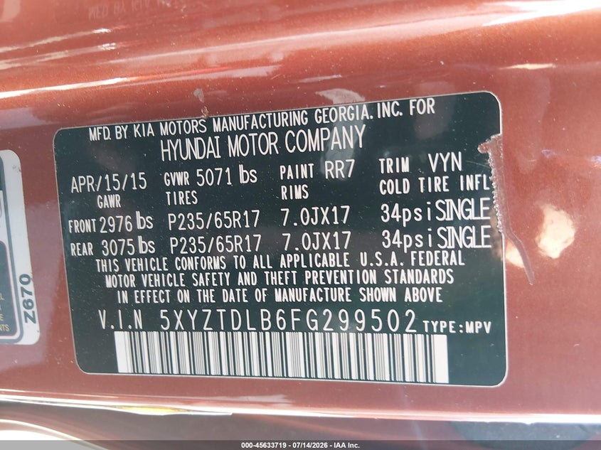 2015 Hyundai Santa fe VIN 5XYZTDLB6FG299502 IAAI salvage auction — NORMAL WEAR, Clear (Washington), sold $2,100 on 2026-07-22 (photo 9)
